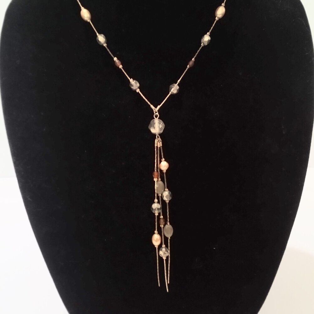 Gold Tone Earth Tone Bead Y Drop Tassel Necklace Faux Pearls - Picture 5 of 8